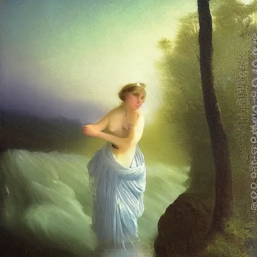 Prompt: a young woman’s face, her hair is white, she wears a long flowing blue satin veil, in the background is a river in a forest at dawn, by ivan aivazovsky and pieter claesz and paul delaroche and alma tadema and august malmstrom and and willen claesz heda and aelbert cuyp and gerard ter borch and isaac levitan and carl gustav carus, detailed, hyperrealistic, rendered in octane, rendered in redshift