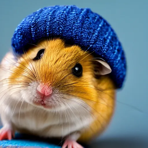 Prompt: a photograph of a dwarf hamster wearing a beanie, hd, macro photography, sharp focus, cinematic lighting, enhanced colors, flickr