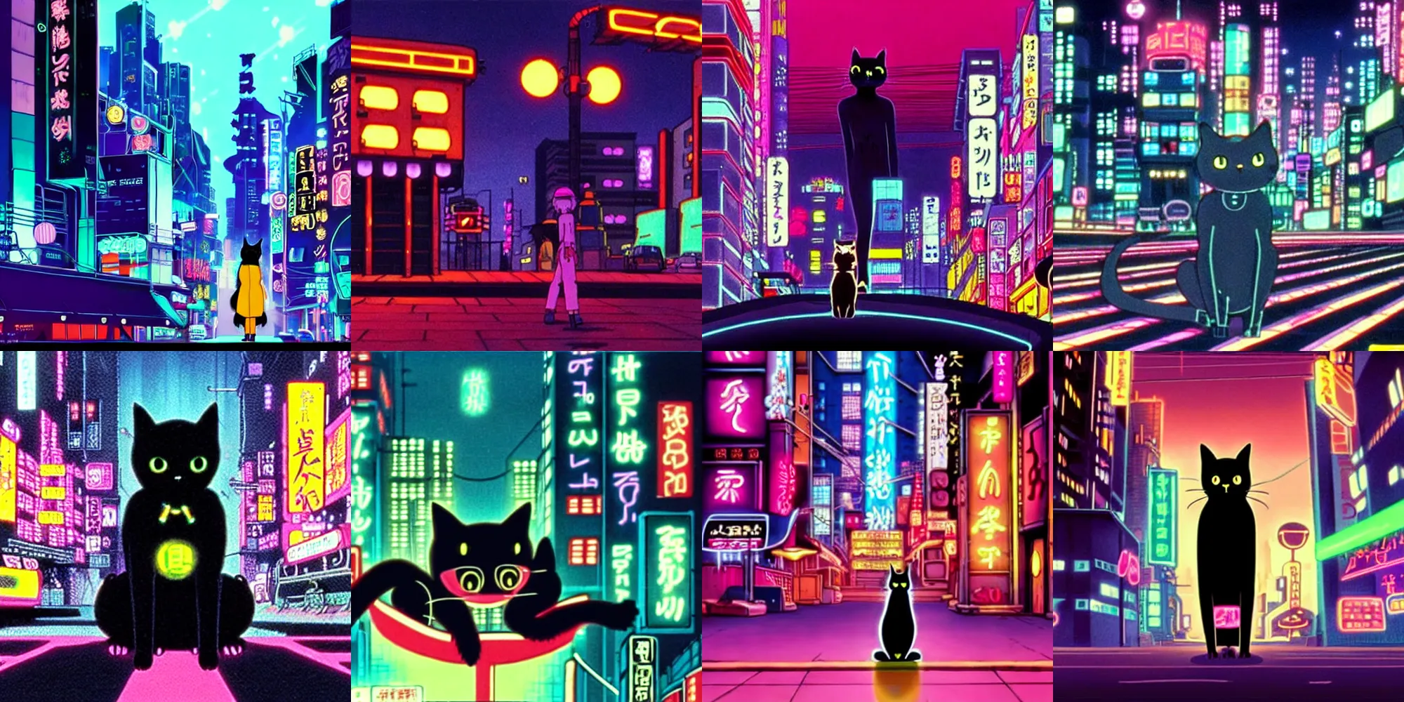 Prompt: adorable black cat in a neon cyberpunk city, still by studio ghibli, hayao miyazaki