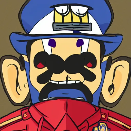 Image similar to Waluigi as a police officer pulling you over during the rain storm. Digital Art, Wario-cop partner is staring at you, sinister lighting