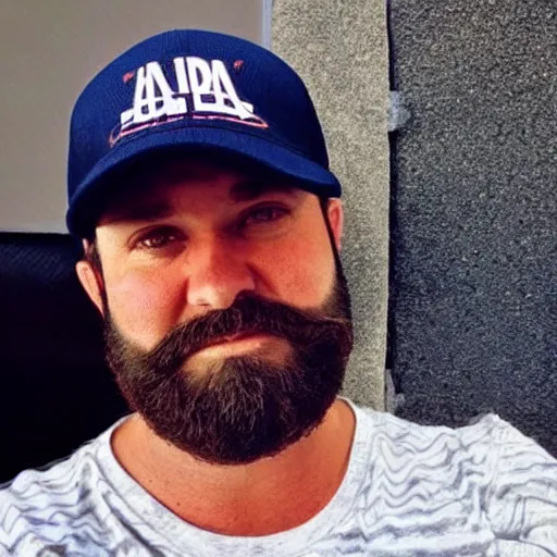 Image similar to a middle age bearded social media dork with generic baseball hat and a fake guru vibe, short groomed beard, douchey expression, generic trucker hat