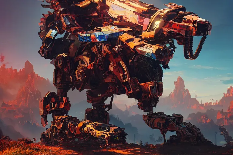 Image similar to scrapper machine mecanical creature robot of horizon forbidden west horizon zero dawn radiating a glowing aura global illumination ray tracing hdr fanart arstation by ian pesty and alena aenami artworks in 4 k