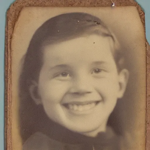 Prompt: an old worn photograph of a smiling disembodied face