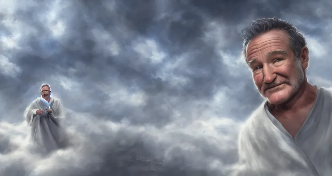 Image similar to robin williams is god, white beard, clouds, heaven, blue eyes, white robe, single subject, intricate, detailed, volumetric lighting, scenery, digital painting, highly detailed, artstation, sharp focus