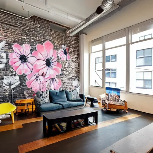 Image similar to trendy downtown loft with modern murals on the wall, contemporary art, and patterns, interior design, beautiful architecture