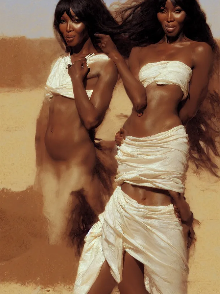 Prompt: Portrait of Naomi Campbell alone in the Libyan desert, white skirt and barechest, intricate, elegant, highly detailed, artstation, concept art, intricate, highly detailed, sharp focus, ruan jia, jurgens, orientalism, bouguereau