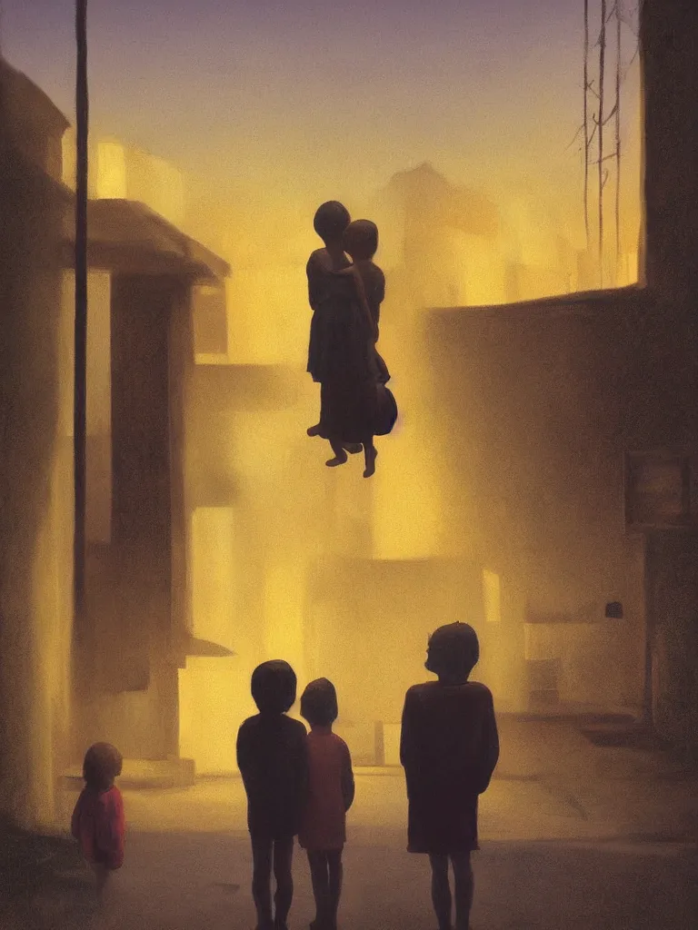 Image similar to two kids posing for a picture at night, dark, backlighting, small village, town square, artwork by edward hopper, james gilleard, zdzislaw beksinski, pastel colors, atmospheric