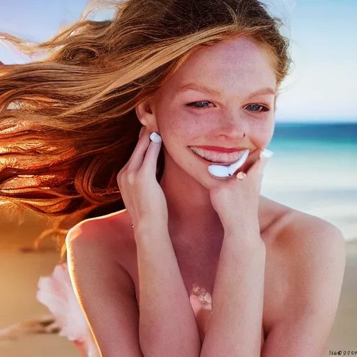 Image similar to beautiful serene intricate portrait of a cute thin young woman, red blush, cute freckles, smug smile, modern clothes, relaxing on the beach, golden hour, close up shot, soft focus, 8 k, art by irakli nadar, hyperrealism, hyperdetailed, ultra realistic