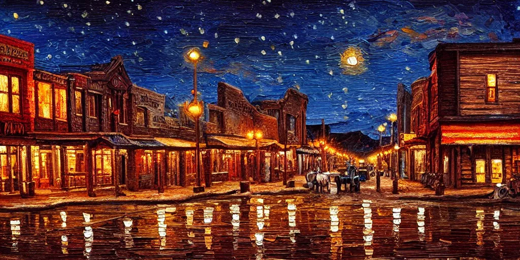 Image similar to oil painting of wild west small town, western, old west, nighttime, high production value, intricate details, high resolution, hyperrealistic, hdr, high definition, masterpiece, ultra realistic, highly detailed, hd, sharp focus, non blurry, sharp, smooth