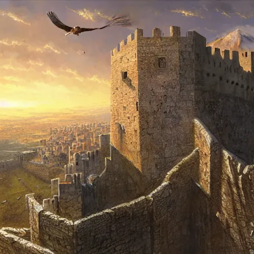 Image similar to an eagle soaring over the fortress of Masyaf by Marc Simonetti, 4K ultra-HD, very detailed