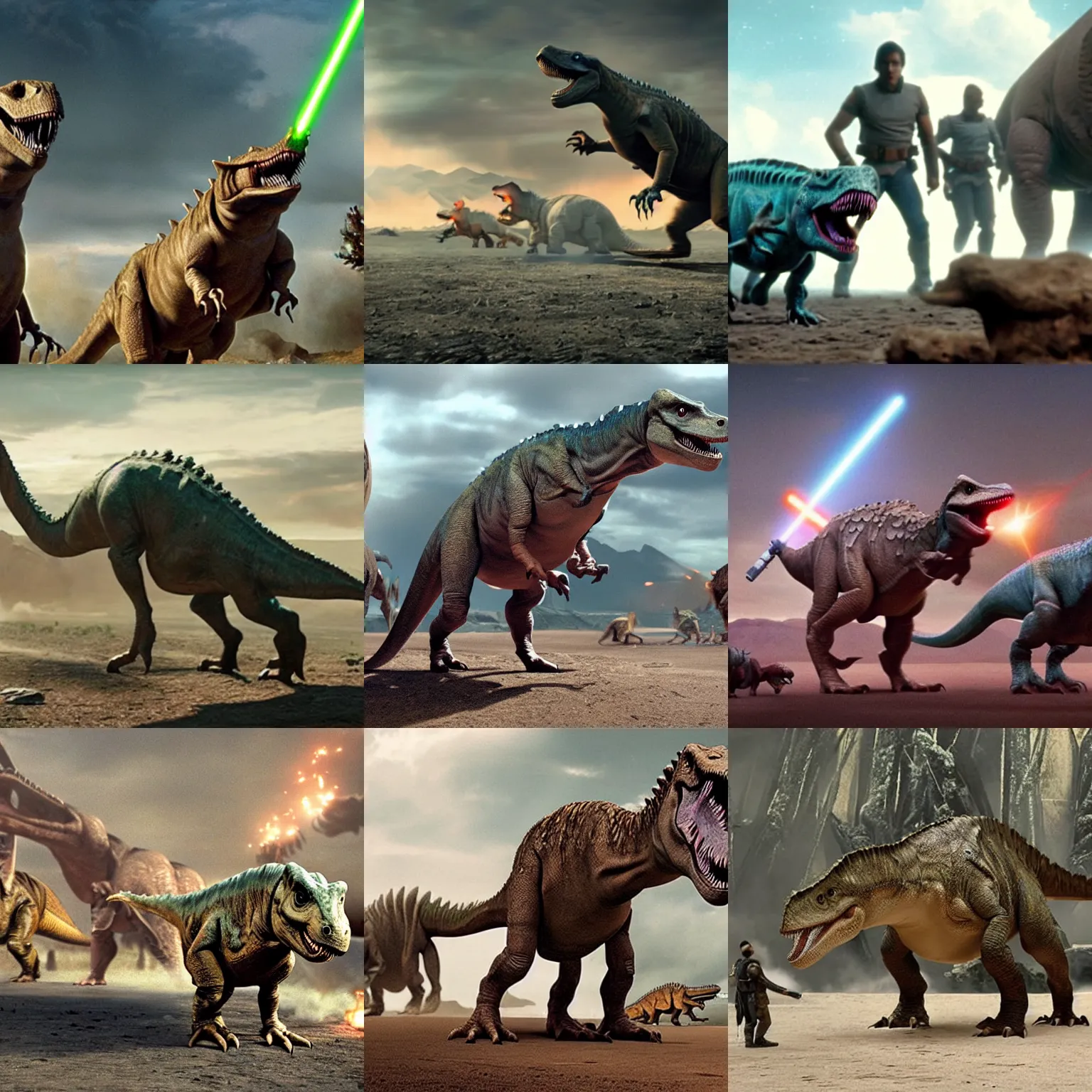 Prompt: dinosaurs in star wars movie