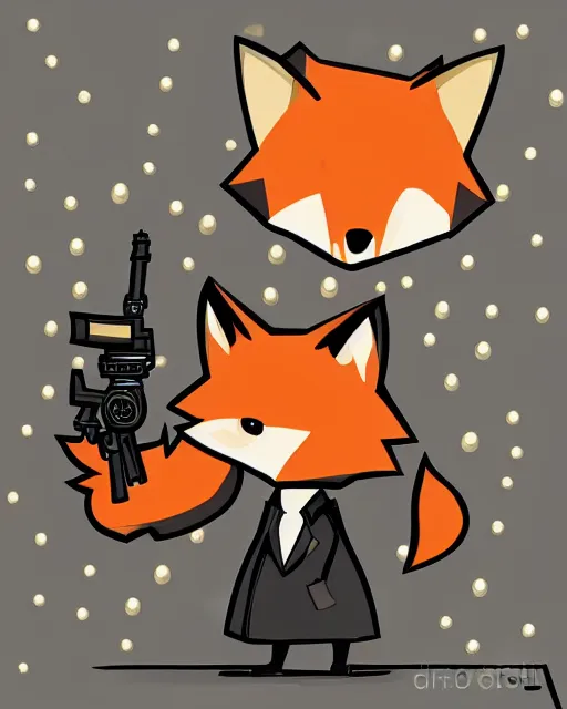 Image similar to a fox wearing a black trench - coat holding a diamond studded mini - gun, comic art style, digital art,