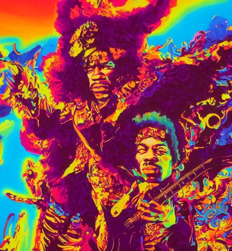 Image similar to jimi hendrix full body, colourful afrofuturist biomorphic opart in background, octane render 8 k, pascal blanche, roger dean, james jean, moebius, syd mead, killian eng, scifi, 8 k