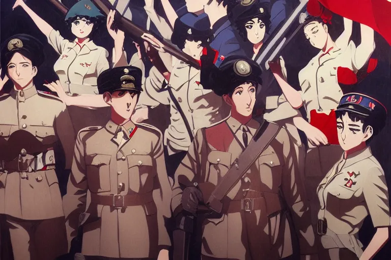 Image similar to anime key visual of dictator fascist nationalist propaganda poster from world war 2 depicting an elite regiment of anime maids commiting war crimes, style of jamie wyeth james gilleard edward hopper greg rutkowski acrylic painting, preserved museum piece, historical