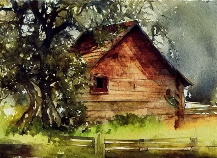 Prompt: watercolor splash, paint drops, drips, aquarelle painting of oak tree and scandinavian red wooden cabin, swedish house, medieval barn, art by anders zorn