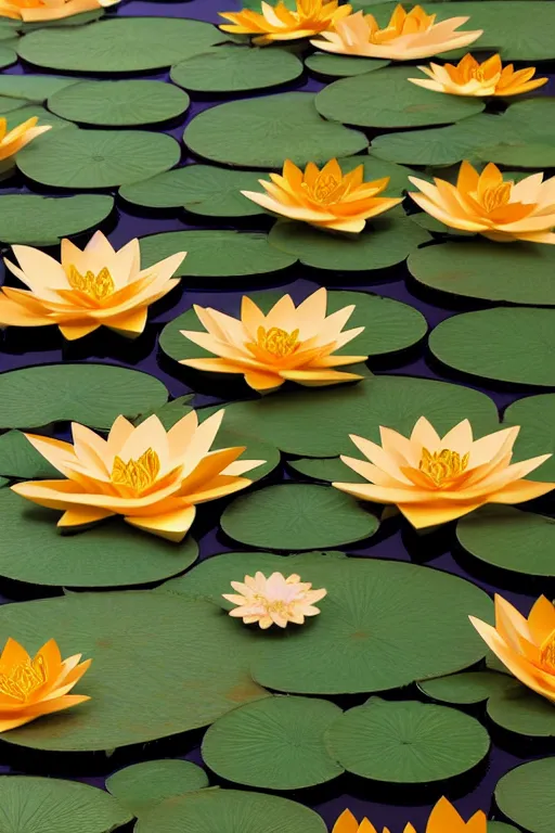 Prompt: lilyPads with Lotus flowers in the golden hour, paper cut art, close up, DOF, 8k, artstation,