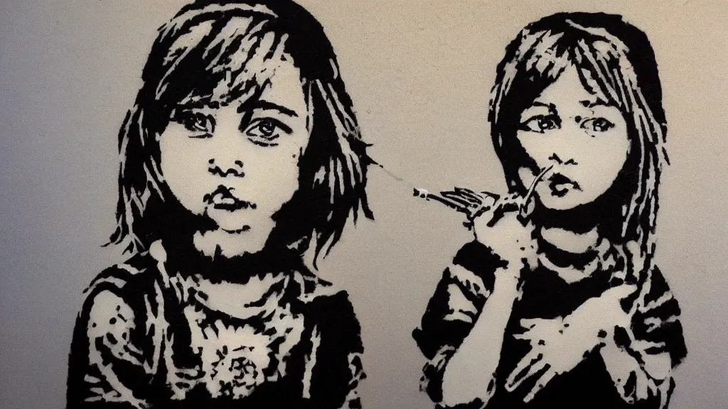 Prompt: A decent single young gril portrait by Banksy.