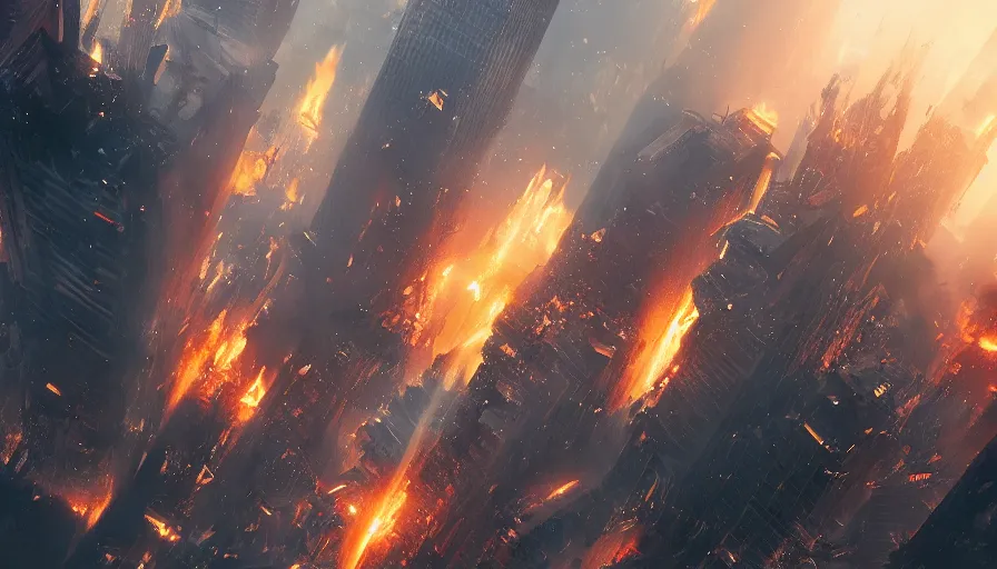 Image similar to movie poster of chicago destroyed by giant robots, fire, smoke columns, debris, ashes, collapsing, hyperdetailed, artstation, cgsociety, 8 k