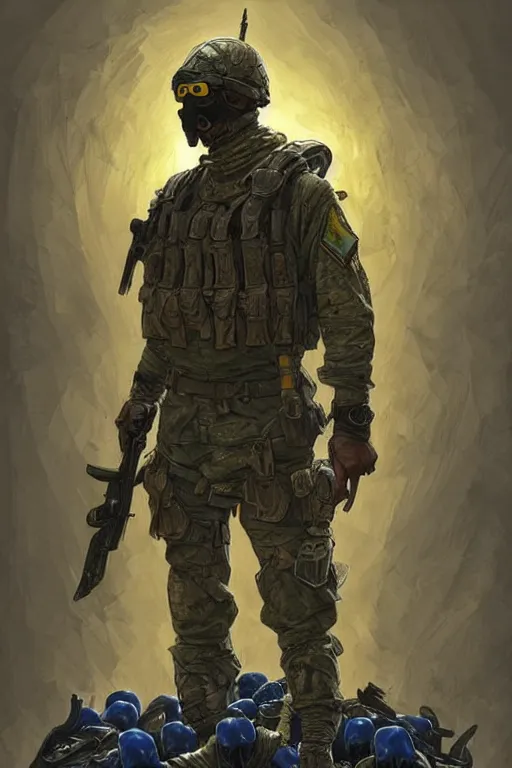 Prompt: a distant shot of a Modern Warfare soldier with blue and yellow uniform standing alone on a pile of skulls as a winner, masculine figure, D&D, fantasy, intricate, elegant, highly detailed, extremely detailed, digital painting, artstation, concept art, matte, sharp focus, symmetrical, illustration, art by Artgerm and Greg Rutkowski and Alphonse Mucha