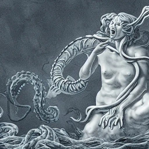 Prompt: a kraken wraps its tentacles around a marble statue of a screaming woman underwater