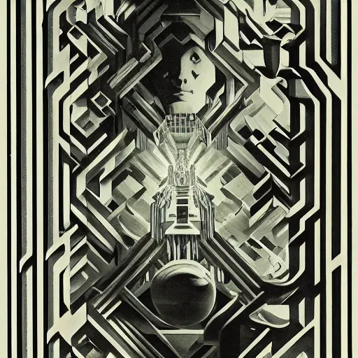 Prompt: crystal labyrinth beyond possibility of imagining, inhabited on many levels by Maurits Cornelis Escher, shining light, clear geometry, atmospheric, Award winning. Masterpiece, detailed illustration, alphonse mucha