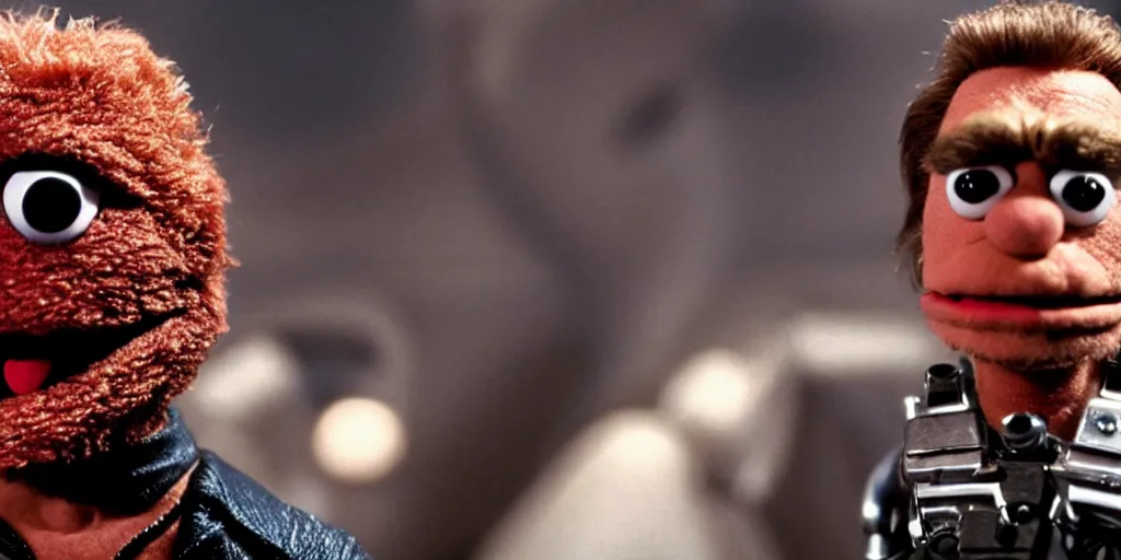 Image similar to arnold schwarzenegger as a muppet, the terminator, film still, high quality, hd, 4 k