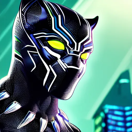 Image similar to black panther with neon lights, cyberpunk, 8K, close up shot,