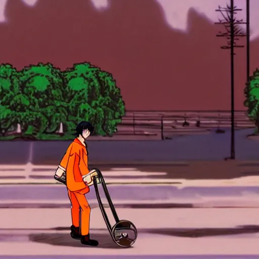 Image similar to man pushing a cart uphill in ulan bataar, sprite, vaporwave nostalgia, directed by beat takeshi, visual novel cg, 8 0 s anime vibe, kimagure orange road, maison ikkoku, initial d, sketch by osamu tezuka, directed by hideki anno