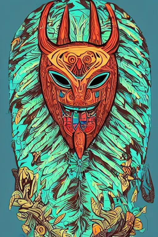 Prompt: totem animal mask tribal feather gemstone plant wood rock shaman vodoo video game vector cutout illustration vivid multicolor borderlands comics by josan gonzales and dan mumford radiating a glowing aura