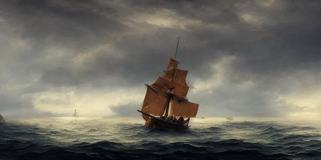 Image similar to splendid sailing boat on the vast ocean, sun, ominous sky, fitz henry lane, matte painting, artstation