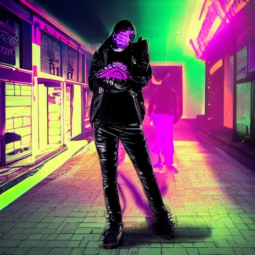 Image similar to a glitchcore punk in black vinyl, in a future sci-fi neon street at night