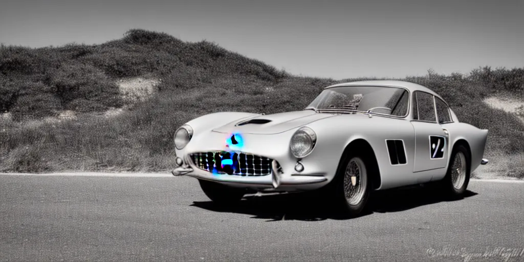 Image similar to photograph, 1958 FERRARI 250 GT, cinematic, PCH, california coast, 8k, depth of field, bokeh.