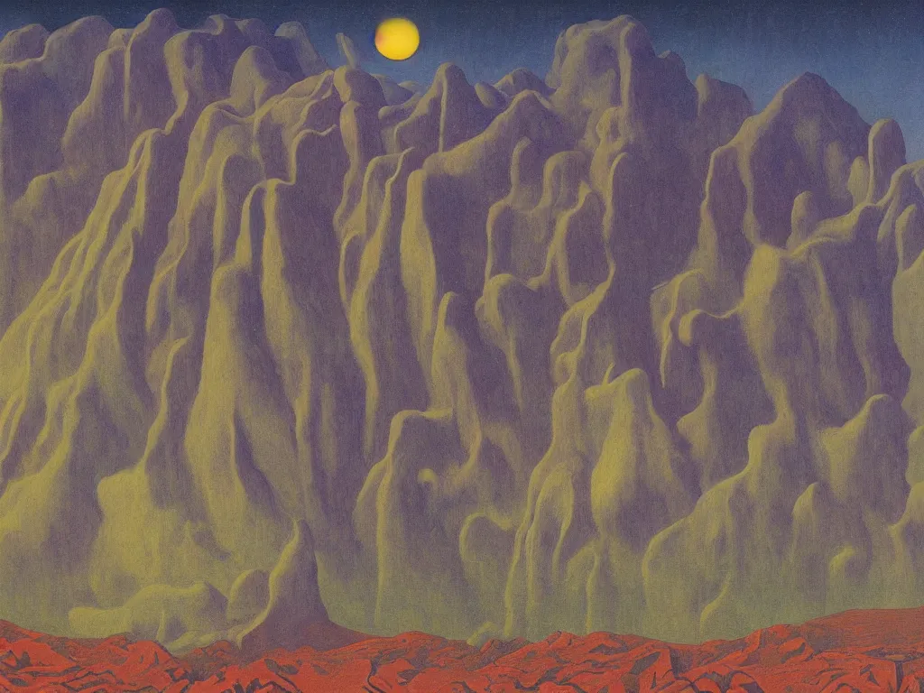 Prompt: Aurora Borealis night, sweaty mountain, the antler people, giant raindorps, African god mask, acid rains. The sacred breast, Fata morgana above the oasis. Painting by Rene Magritte, Jean Delville, Max Ernst, Maria Sybilla Merian
