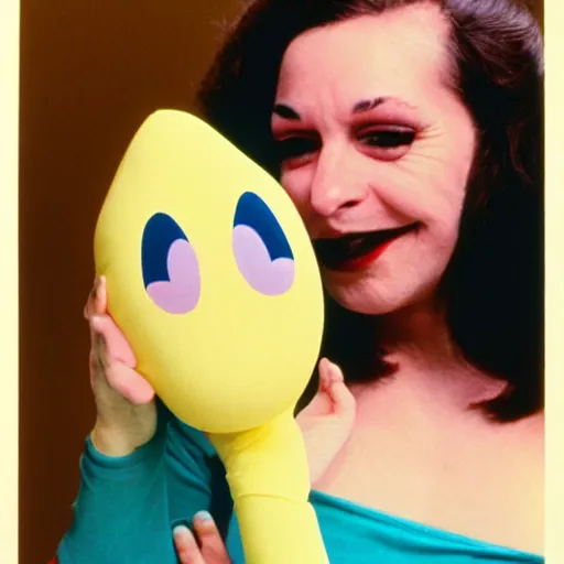 Image similar to 1976 woman wearing a long prosthetic snout nose and nostril, soft color wearing a leotard 1976 holding a smiley inflatable hand puppet color film 16mm Almodovar John Waters Russ Meyer Doris Wishman old photo