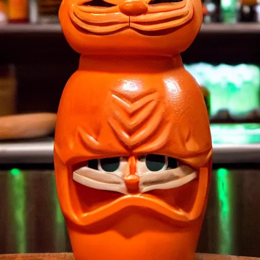 Image similar to a closeup photorealistic photograph of an orange cat garfield style tiki mug sitting at a trader vic's bar featuring garfield's face. tiki party. bright scene. fine detail. this 4 k hd image is trending on artstation, featured on behance, well - rendered, extra crisp, features intricate detail, epic composition and the style of unreal engine.