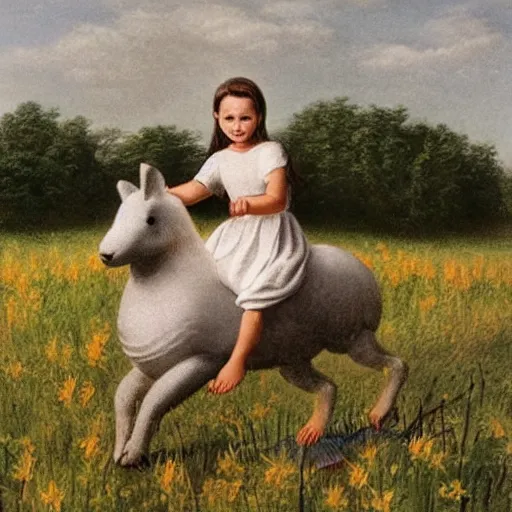 Prompt: Young girl riding on top of a horse-sized rabbit through a field