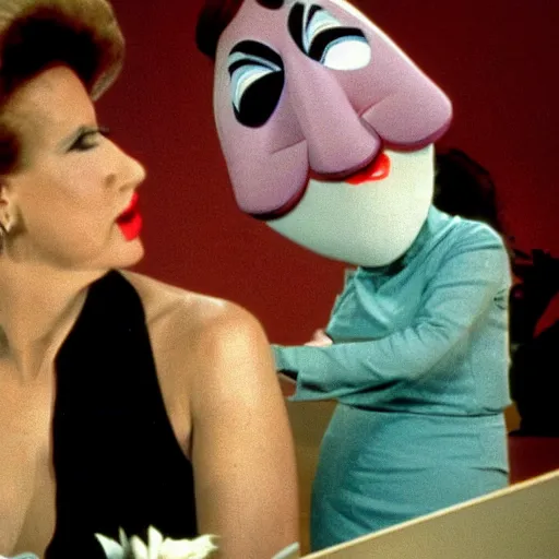 Prompt: 1983 woman on tv show with a long prosthetic snout nose, big nostrils, wearing a dress the city 1983 color archival footage color film 16mm Fellini Almodovar John Waters Russ Meyer with hand puppet