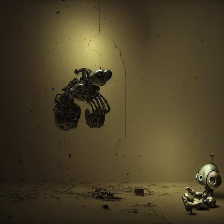 Image similar to still life of abandoned robot by hieronymus bosch, wide shot, soft glow bloom lucid dream - like ethereal atmosphere, baroque portrait painting, perfect composition, beautiful intricate detailed octane render trending on artstation, 8 k artistic photography, volumetric cinematic perfect light, chiaroscuro, masterpiece, raphael, caravaggio, rutkowski, beeple, beksinski