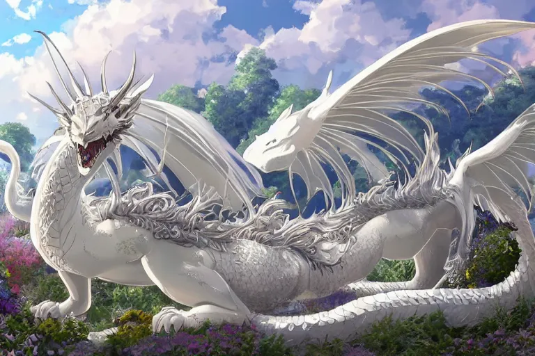 Image similar to a hyper detailed big render that beautiful princess lie on the ground be surrounded in the white clouds fairyland center by a huge silver white dragon, finely detailed angelic face, style of studio ghibli, makoto shinkai, xision, ilya kuvshinov and artgerm, kazuki tanahashi, james jean, animation style, golden curve composition, ultra wide angle