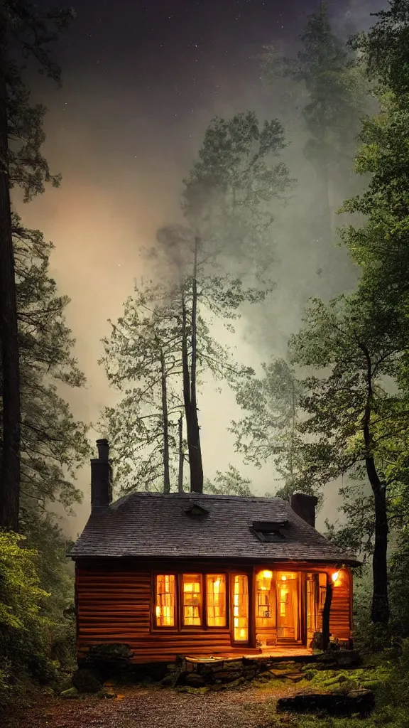 Prompt: small wooden cottage in the forest at night, smoke coming out of the chimney, nocturnal, redwood trees, peaceful, river running past the cottage, a wooden rowing boat, galaxy in the night sky, by stephen king