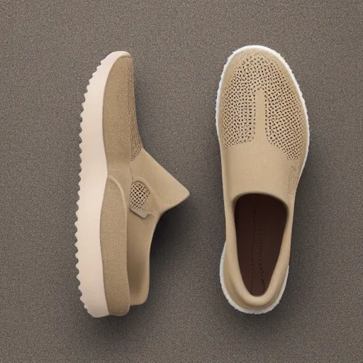 Image similar to a distinctively curved silhouette desert sand color shoe, upper of the shoe is made from a lightweight foam material and has holes, which gives the shoe its unique look. the desert sand color foam material used on the midsole and outsole of the shoe, foam - based slip - on shoe, designed by kanye west, studio lighting, studio portrait