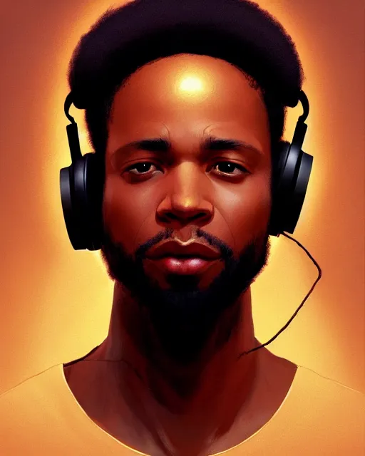 Image similar to light skin black man with headphones at his home studio producing music late at night, very detailed, 4 k, concept art like ernest khalimov, intricate details, highly detailed by greg rutkowski, ilya kuvshinov, gaston bussiere, craig mullins, simon bisley