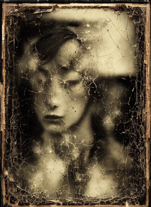 Image similar to old wet plate collodion photography portrait, explosion of data fragments, fractal, intricate, elegant, highly detailed, parallax, leica, medium format, subsurface scattering, by jheronimus bosch and greg rutkowski and louis jacques mande daguerre