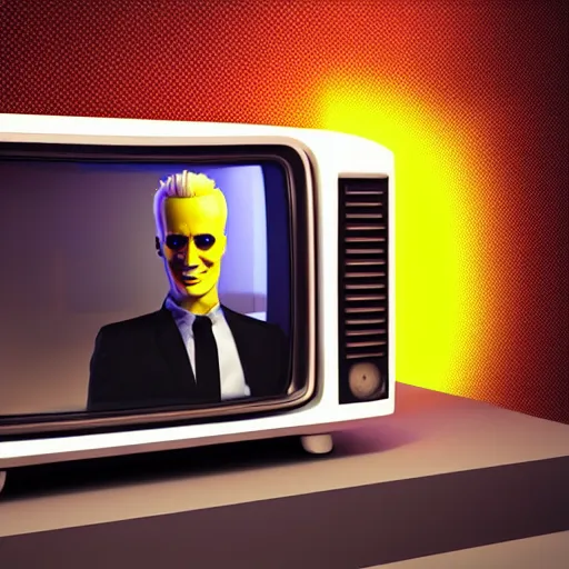 Image similar to a hyperrealistic 3 d render of max headroom 2 0 2 2 on a vintage tv, octane render, unreal engine, 8 k, trending on cgsociety, volumetric lighting, dramatic lighting, lasers, neon