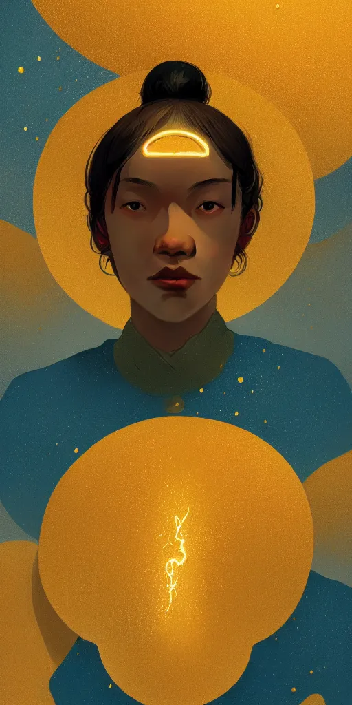 Image similar to highly detailed portrait of a semicircular bounded space surrounded with golden and blue magic powder, ultra wide angle, finer details, by victo ngai and greg rutkowski, trending on artstation.