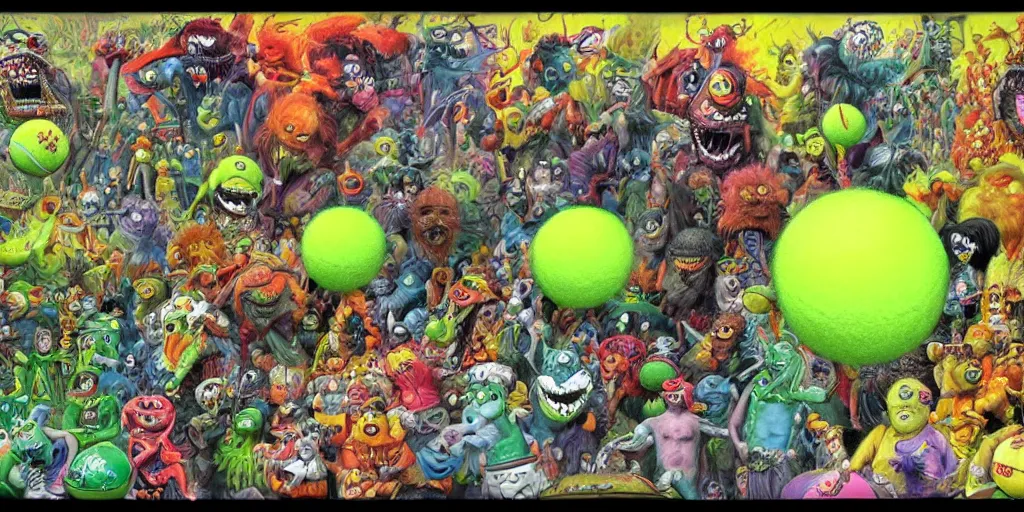 Image similar to tennis ball monsters, parade, theme park, digital art, fantasy, magic, chalk, chalked, trending on artstation, ultra detailed, detailed, fine details, professional illustration by basil gogos