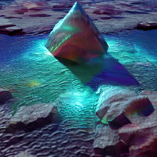 Prompt: Crystal rainbow waters refracting light of a galactic Atlantis beneath, award-winning render, Octane, raytracing