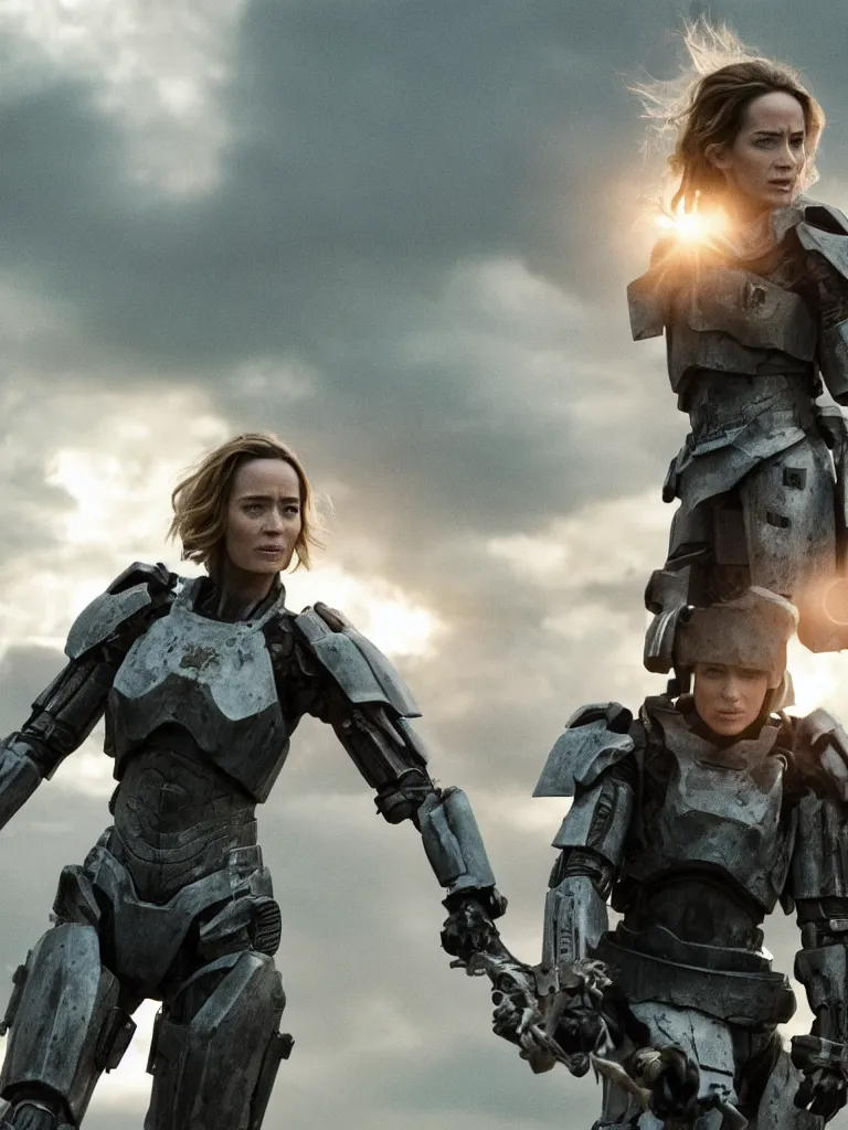 Image similar to emily blunt in futuristic power armor, alone, standing atop a hill, raising her sword, edge of tomorrow movie, angel of verdun, sunset