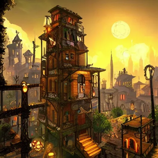 Image similar to A fantastical underground steampunk village with towering buildings, side-scrolling 2d platformer game level, dramatic dusk sun illuminates areas, volumetric light , detailed, rich color, upscale , 8k