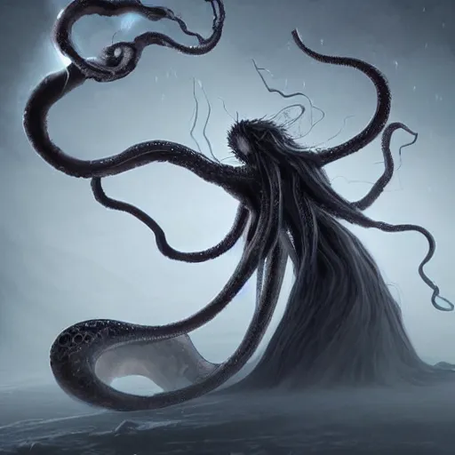 Image similar to concept designs for an ethereal wraith like figure made from dark wispy shadows with a squid like parasite latched onto its head and long tentacle arms that flow lazily but gracefully at its sides like a cloak while it floats around a frozen rocky tundra in the snow searching for lost souls and that hides amongst the shadows in the trees, this character has hydrokinesis and electrokinesis for the resident evil village video game franchise with inspiration from the franchise Bloodborne and the mind flayer from stranger things on netflix in the style of a marvel comic